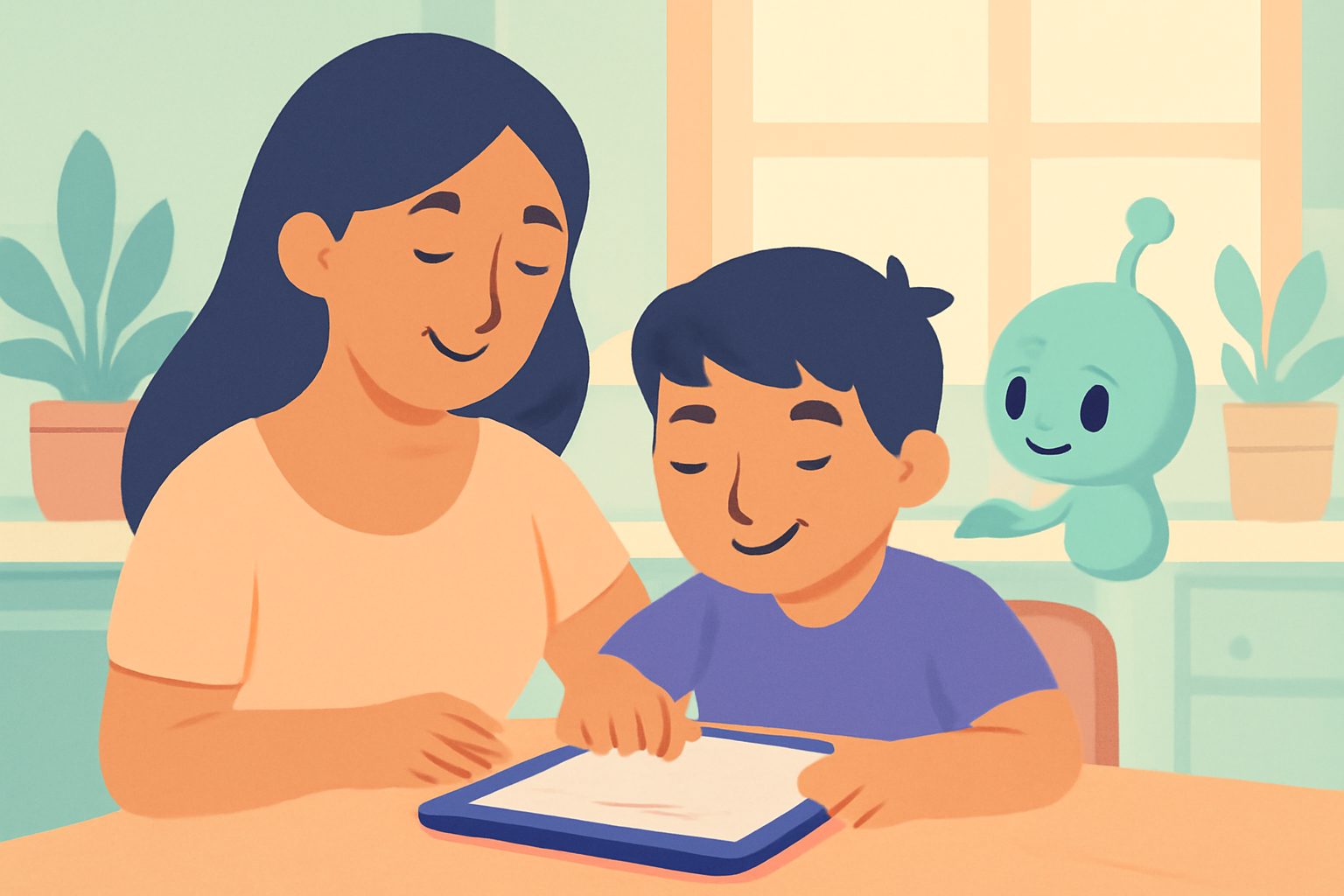 Mamá e hijo haciendo la tarea con Lumi, la mascota de TutorIA